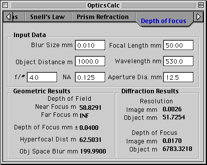 Depth of Focus / Depth of Field Calculation Page