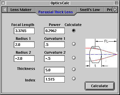 Paraxial Thick Lens Calculation Page