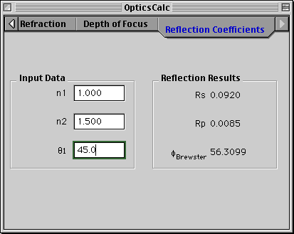 Reflection Coefficients Calculation page